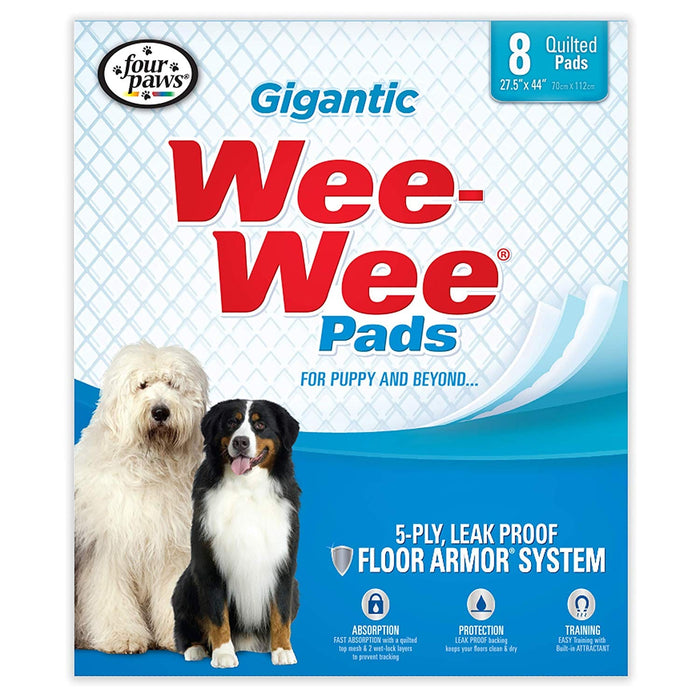 Almohadillas absorbentes para orina Four Paws, paquete de 8, gigantescas, color blanco, 27,5" x 44" x 0,1"