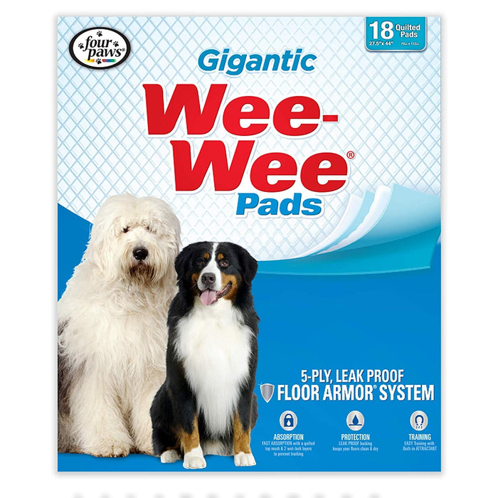 Almohadillas absorbentes para orina Four Paws, paquete de 18, gigantescas, color blanco, 27,5" x 44" x 0,1"