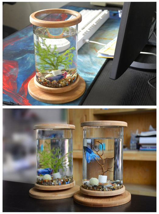 Acuario de vidrio para oficina pequeño, base de bambú, mini pecera decorativa, pecera