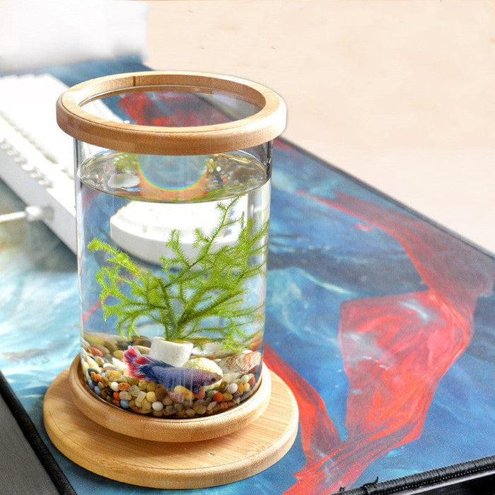 Acuario de vidrio para oficina pequeño, base de bambú, mini pecera decorativa, pecera
