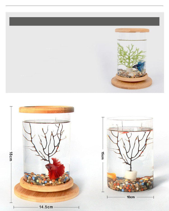 Acuario de vidrio para oficina pequeño, base de bambú, mini pecera decorativa, pecera