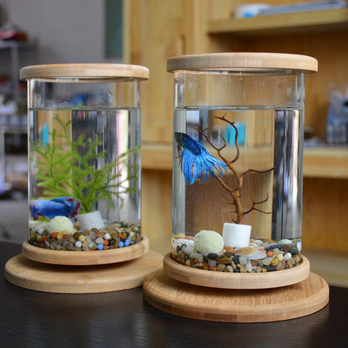 Acuario de vidrio para oficina pequeño, base de bambú, mini pecera decorativa, pecera