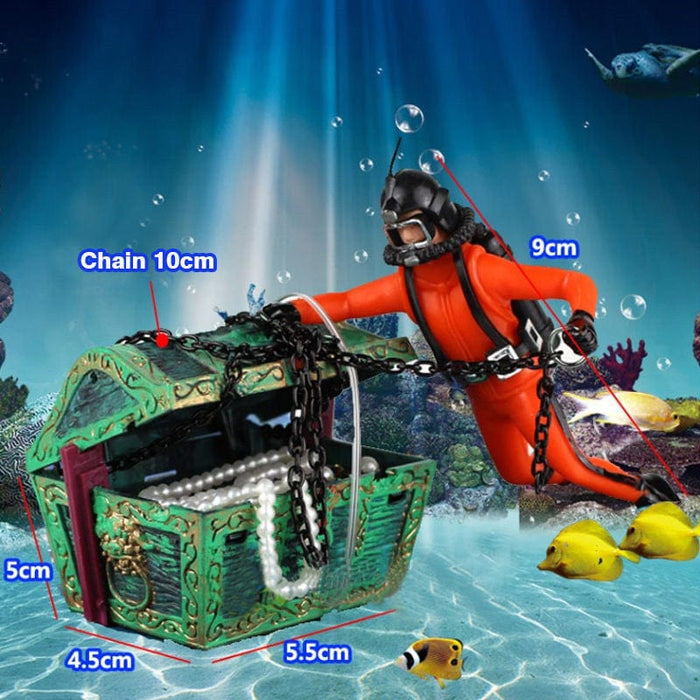 Buceador con cofre del tesoro - Adorno de acuario de acción - ENVÍO GRATIS PARA ESTE PRODUCTO