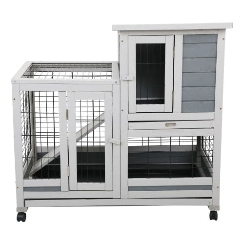 Wooden Rabbit House, Outdoor Pet Rabbit House, Wooden Cage With Ventilated Grid Fence, Openable Door, Cleaning Tray, Grey - Free Shipping
