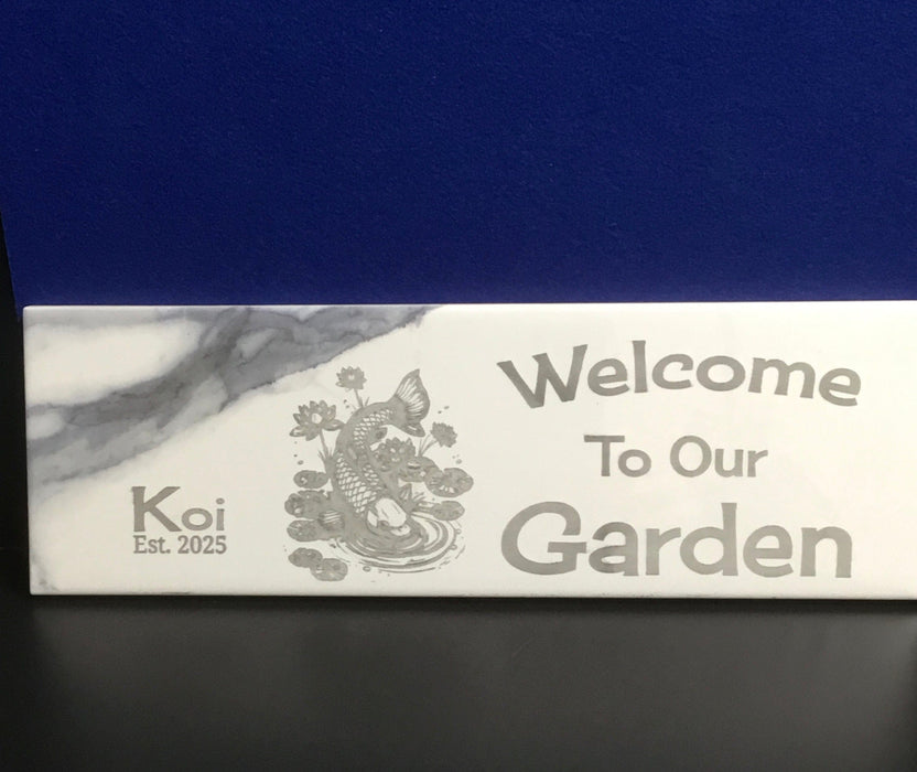 Koi Water Garden Sign 4"x12". Laser Engraved Ceramic