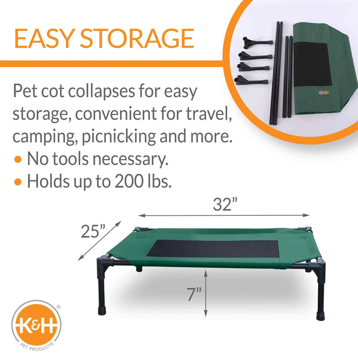 Cama elevada para mascotas Original Pet Cot de K&H Pet Products, color verde mediano y negro, 25" x 32" x 7"