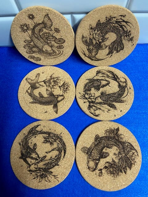 Koi Coasters Set of 6 Cork Coasters - Laser Engraved