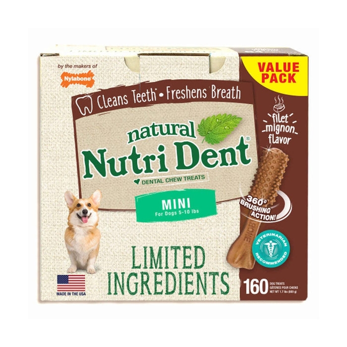 Masticables dentales Nylabone Nutri Dent con ingredientes limitados Filet Mignon Mini 160 unidades