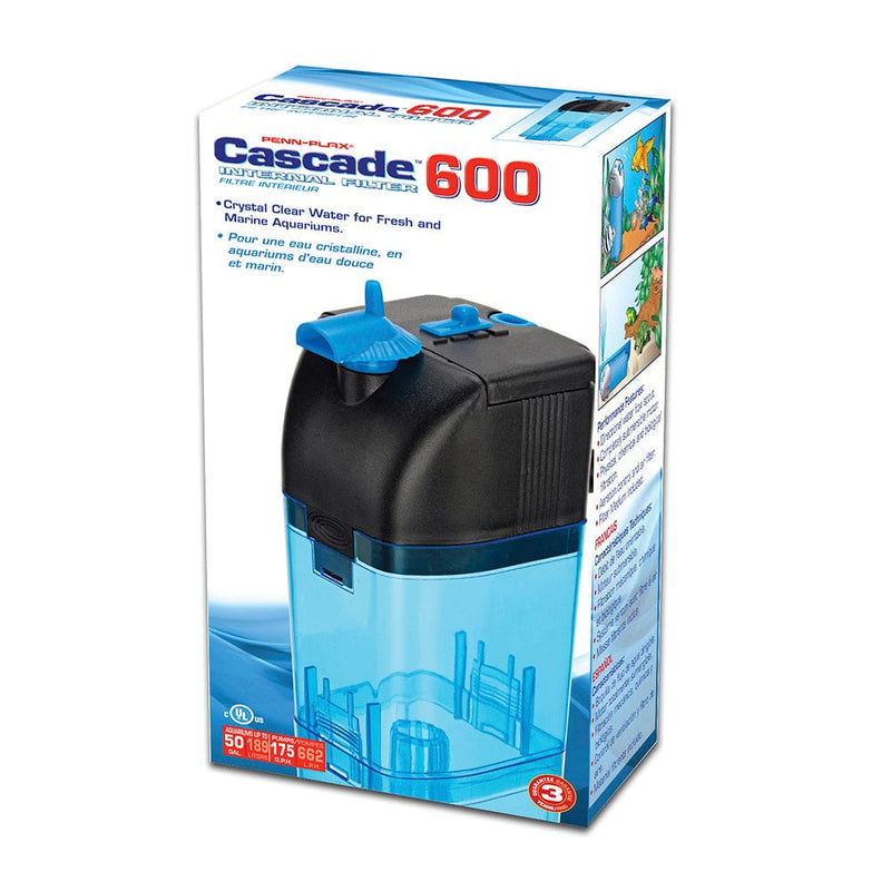 Filtro interno totalmente sumergible Cascade 600 de Penn-Plax: proporciona filtración física, biológica y química para acuarios y tanques de tortugas