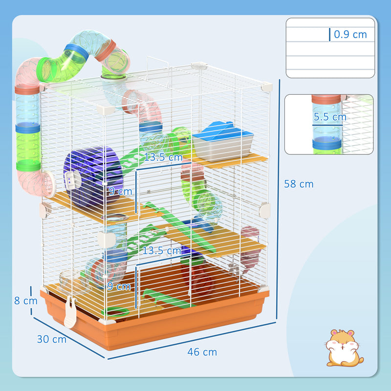 FUN 5 Tier Hamster Habitat W/ Exercise Wheels, Tunnel, Orange