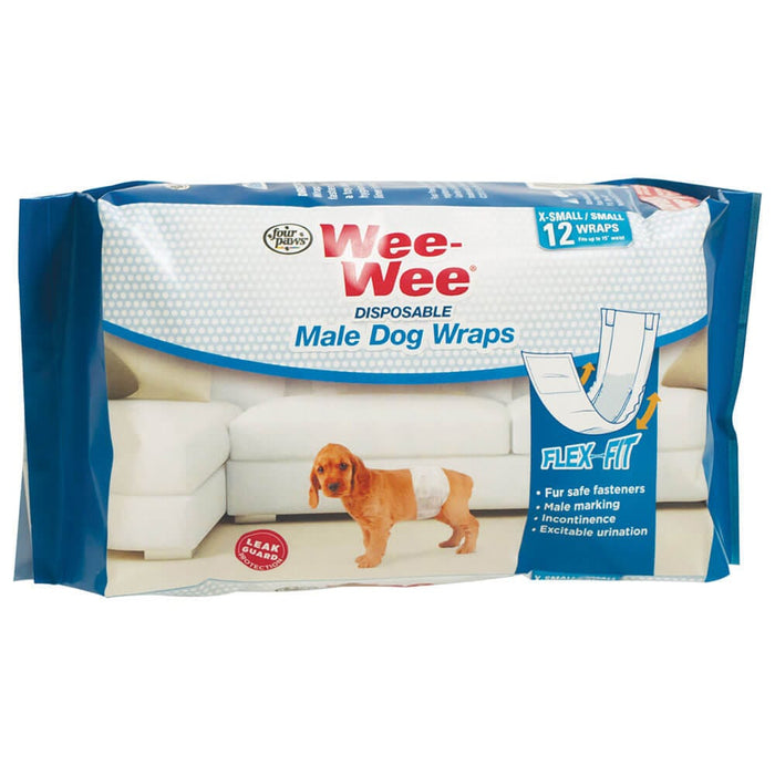 Four Paws Wee-Wee - Vendas desechables para perros machos, paquete de 12 unidades, tamaño extra pequeño/pequeño, color blanco