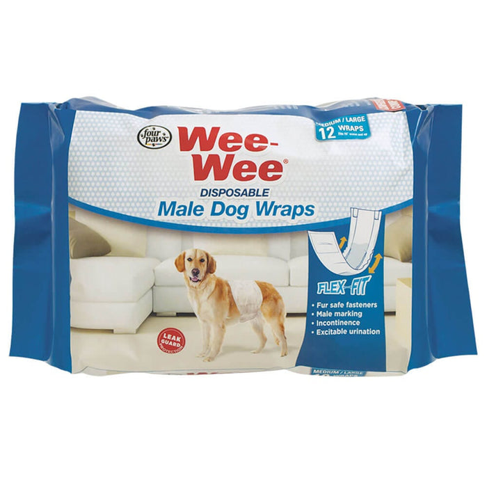 Four Paws Wee-Wee - Vendas desechables para perros machos, paquete de 12 unidades, tamaño extra pequeño/pequeño, color blanco