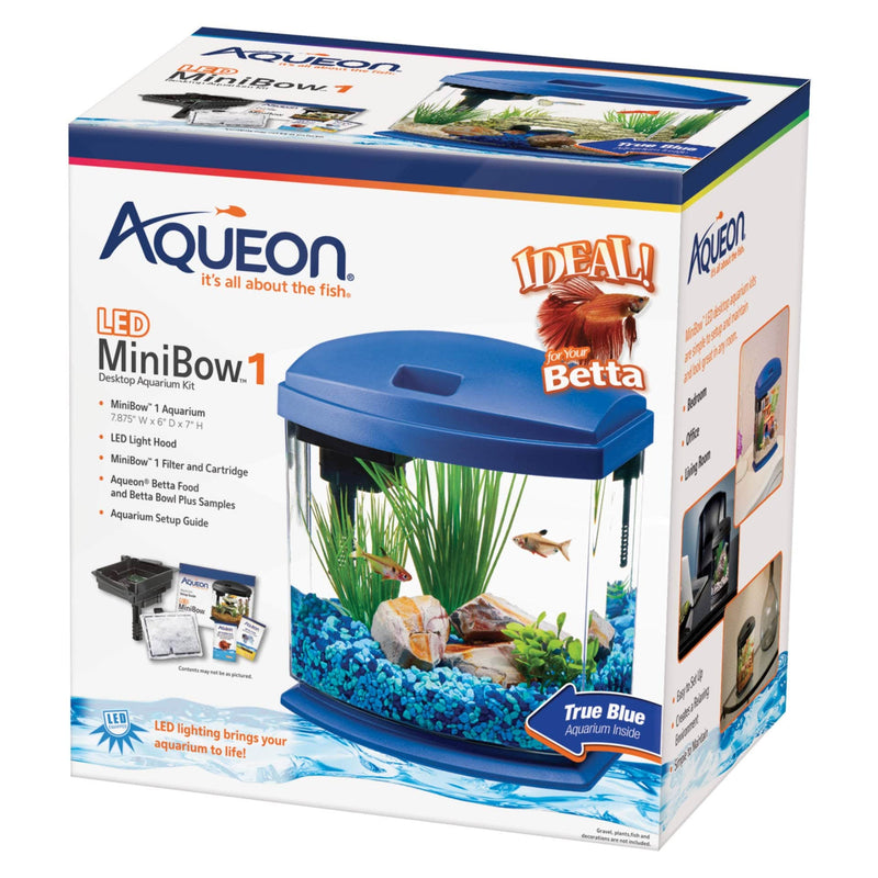 Kit de acuario LED Aqueon MiniBow de 1 galón, color azul, 8,5" x 6,25" x 9,25"