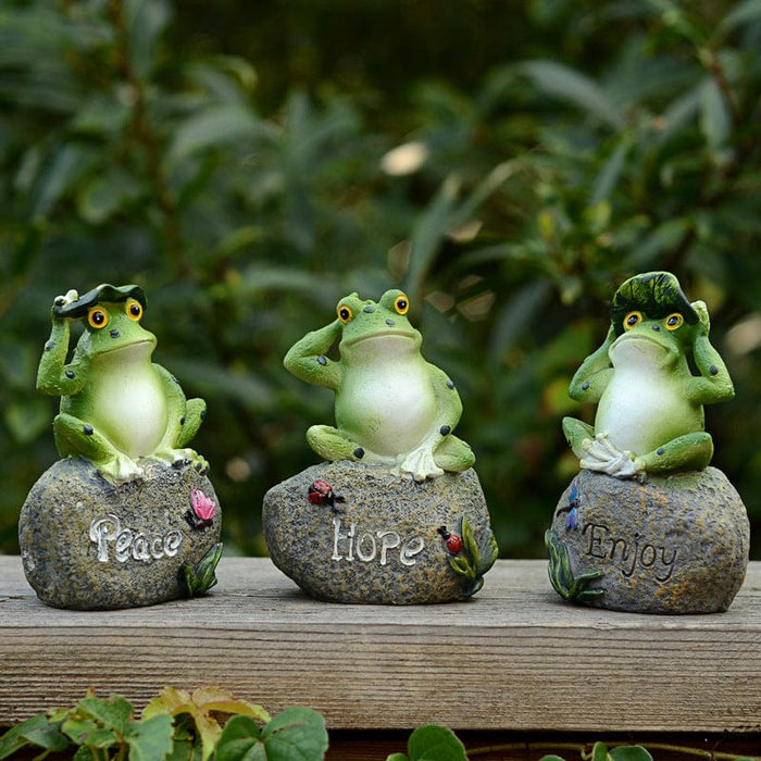 Garden Ornament Koi Pond Landscaping  Frog On Stone Peace Hope Enjoy -SHIPPING IS INCLUDED IN THE PRICE OF THIS PRODUCT