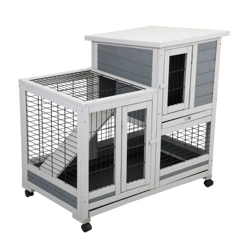 Wooden Rabbit House, Outdoor Pet Rabbit House, Wooden Cage With Ventilated Grid Fence, Openable Door, Cleaning Tray, Grey  - Free Shipping