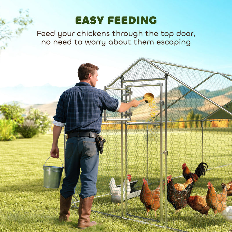 Metal Chicken Run w/ Waterproof & Anti-UV Cover, Feeding Door, Hanging Feeder, for 18-24 Chickens, 9.8' x 19.7' x 6.4'