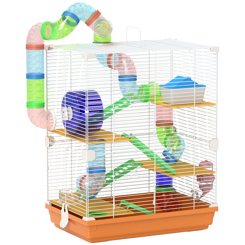 FUN 5 Tier Hamster Habitat W/ Exercise Wheels, Tunnel, Orange
