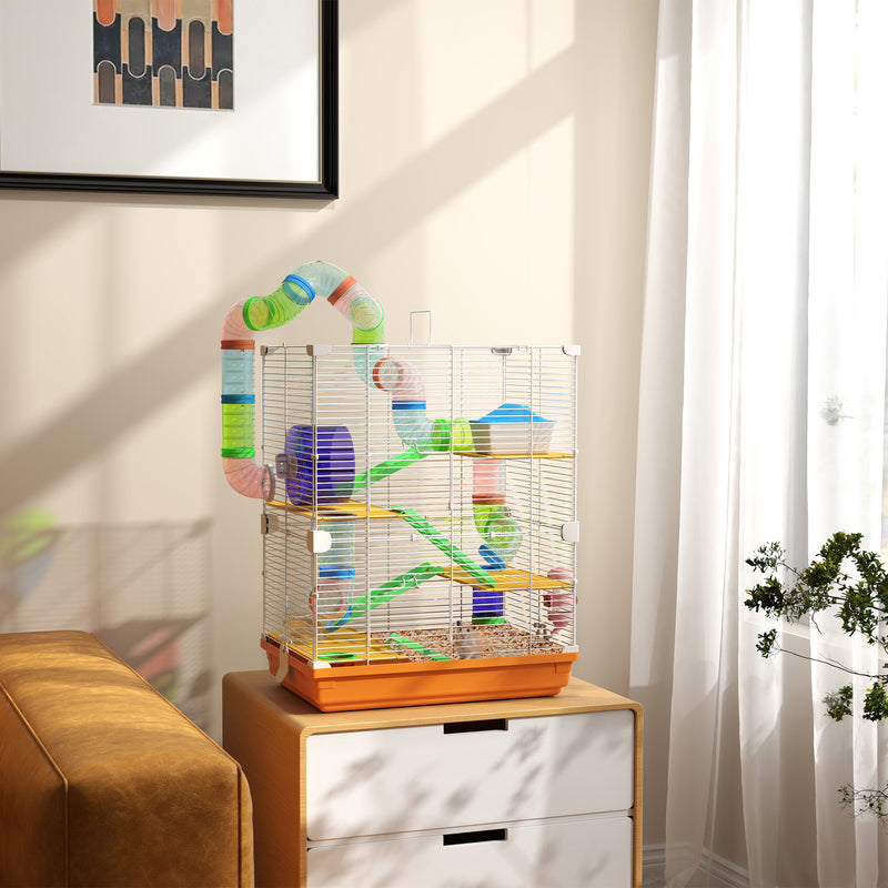 FUN 5 Tier Hamster Habitat W/ Exercise Wheels, Tunnel, Orange