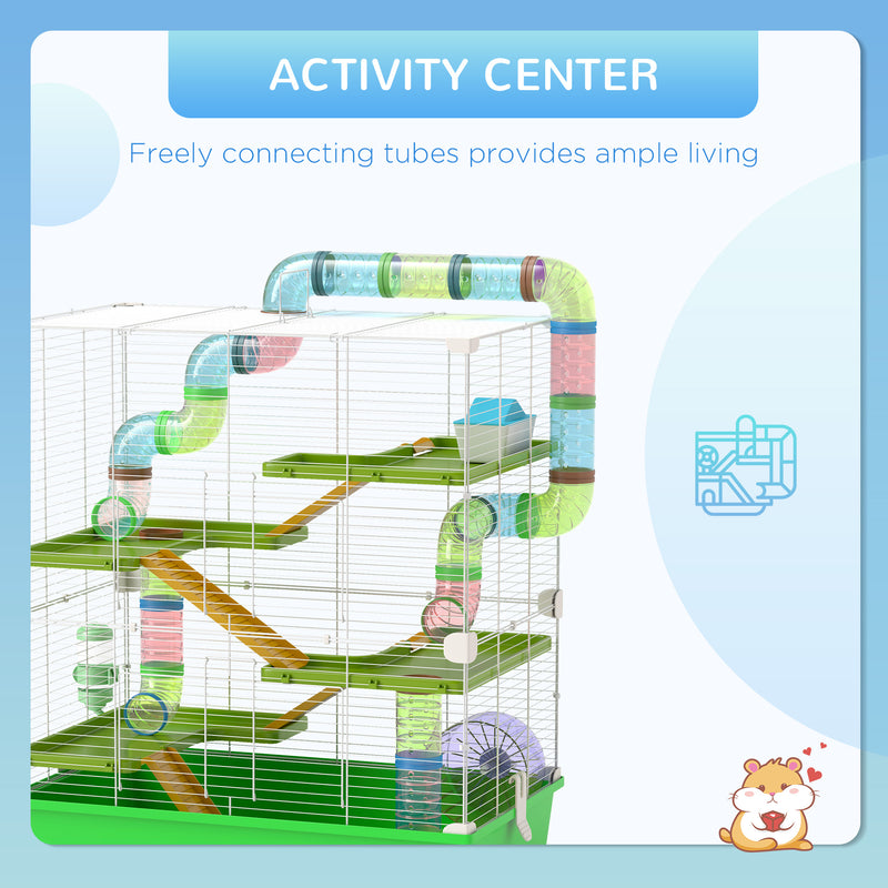 Large  Hamster Cage W/ Water Bottle, Exercise Wheel, Tubes, Ramps - Green