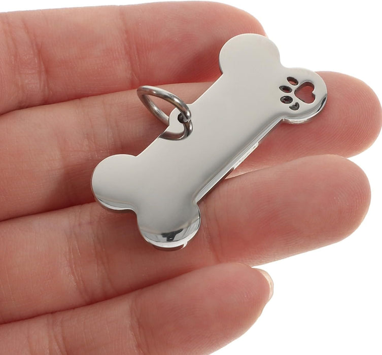 Pet ID Tag Silver Stainless Steel Bone w/ Paw - Dog Tag - Small - Free Engraving