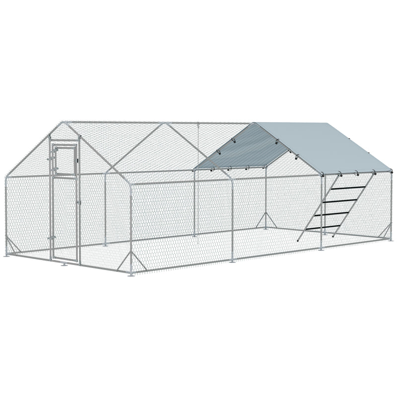 Metal Chicken Run w/ Waterproof & Anti-UV Cover, Feeding Door, Hanging Feeder, for 18-24 Chickens, 9.8' x 19.7' x 6.4'