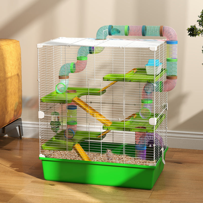 Large  Hamster Cage W/ Water Bottle, Exercise Wheel, Tubes, Ramps - Green