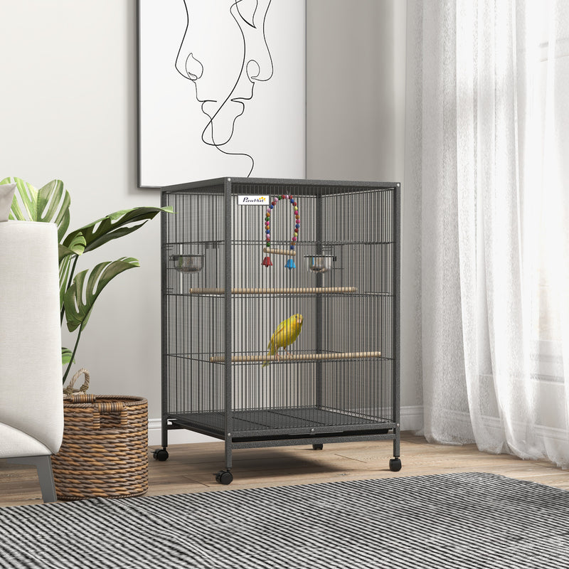 Bird Cage With Rolling Stand, For Small Birds - Grey