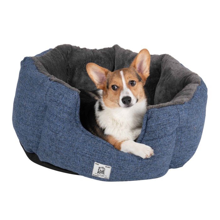 Cama redonda DGS Pet Products Chill Kuzzi FIR pequeña azul de 23" x 23" x 12"