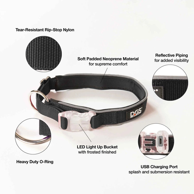 Collar para perros con luz recargable Comet de DGS Pet Products, grande, negro, de 20" a 25" x 1"