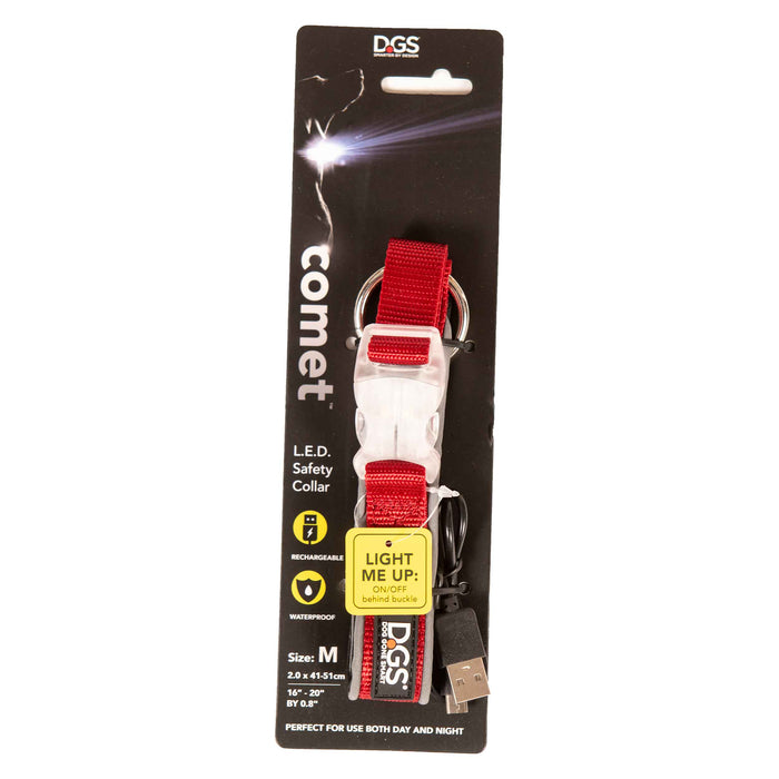 Collar para perros con luz recargable Comet de DGS Pet Products, mediano, rojo, 16" - 20" x 0,75"