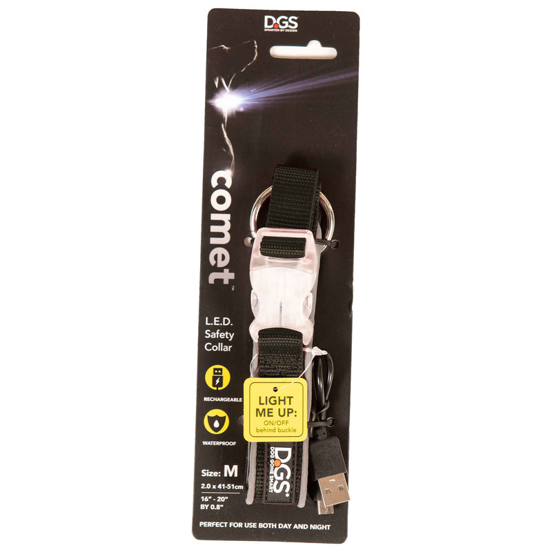 Collar para perros con luz recargable Comet de DGS Pet Products, mediano, negro, 16" - 20" x 0,75"
