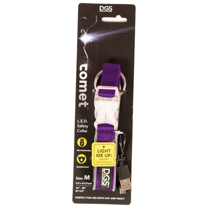 Collar para perros con luz recargable Comet de DGS Pet Products, morado mediano, 16" - 20" x 0,75"