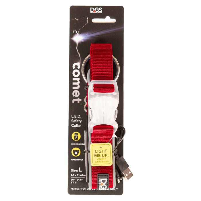 Collar para perros con luz recargable Comet de DGS Pet Products, grande, rojo, de 20" a 25" x 1"