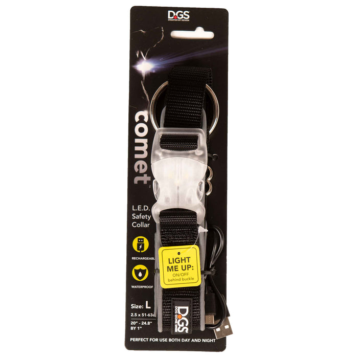 Collar para perros con luz recargable Comet de DGS Pet Products, grande, negro, de 20" a 25" x 1"