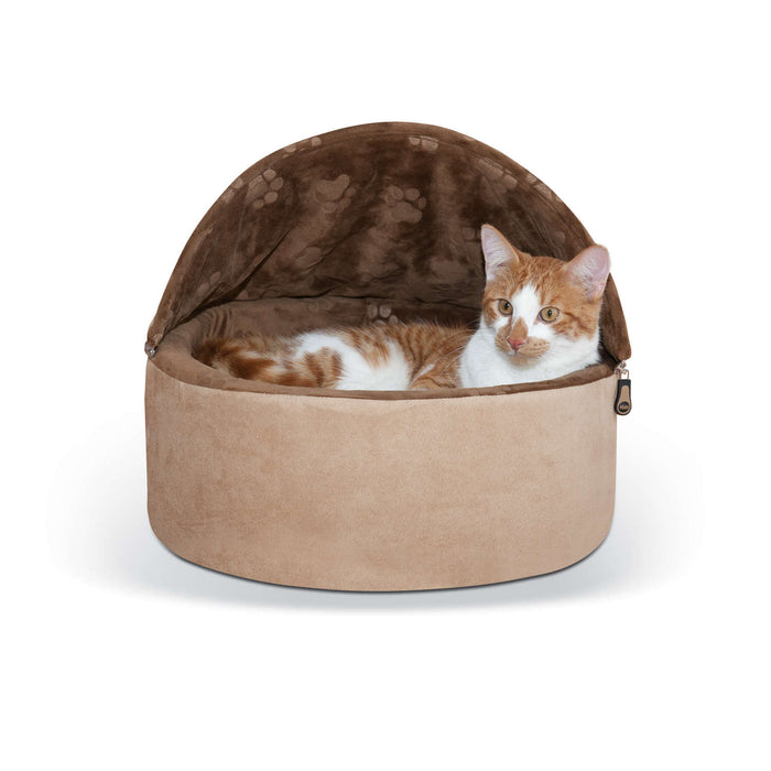 Cama para gatos con calefacción automática de K&amp;H Pet Products, con capucha, tamaño pequeño, color chocolate/bronceado, 40,6 x 40,6 x 31,7 cm