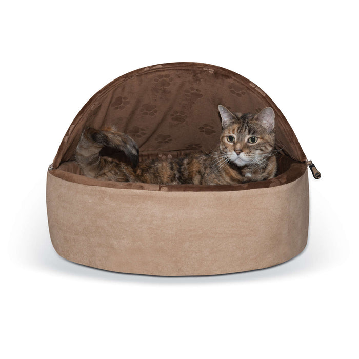 Cama para gatos con calefacción automática de K&amp;H Pet Products, con capucha, grande, color chocolate/bronceado, 20" x 20" x 12,5"