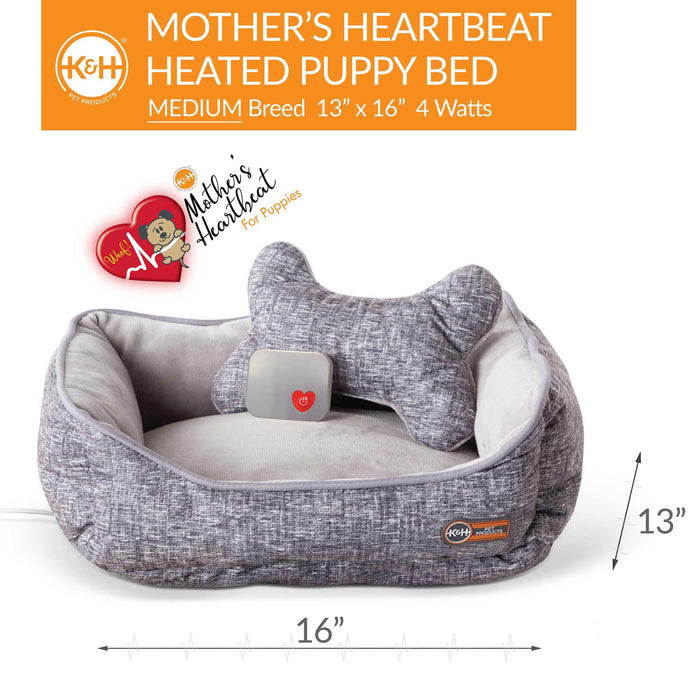 Cama térmica para cachorros Mother's Heartbeat de K&amp;H Pet Products con almohada de hueso, color gris mediano, 16" x 13" x 6"