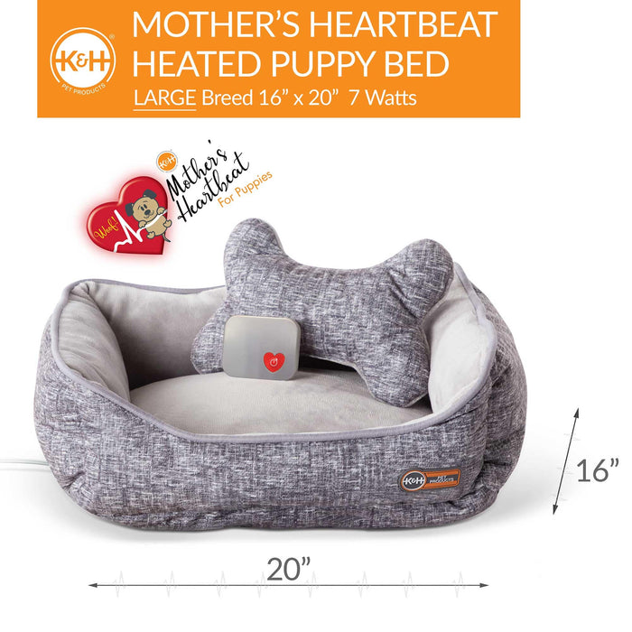 K&H Pet Products Mother's Heartbeat Heated Puppy Pet Bed with Bone Pillow Large Gray 20"x 16" x 7"