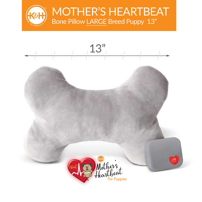 Almohada de peluche con forma de hueso de perro Mother's Heartbeat de K&amp;H Pet Products, grande, gris, 13" x 8" x 4"