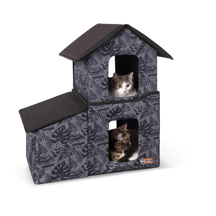 Casa para gatos de dos pisos para exteriores de K&amp;H Pet Products con comedor, sin calefacción, color gris, 22" x 27" x 27"