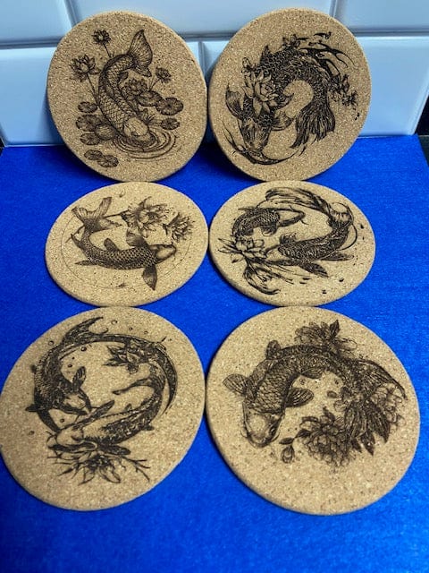 Koi Coasters Set of 6 Cork Coasters - Laser Engraved