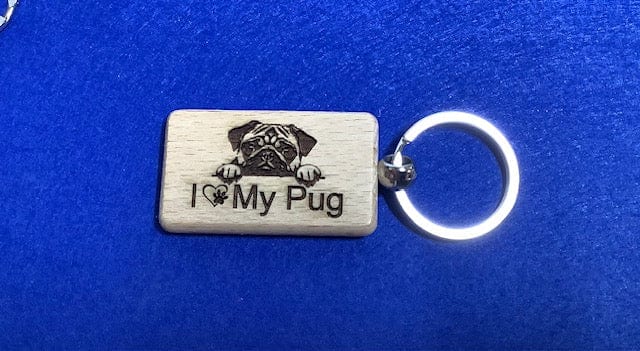 I Love My Pug Key Chain (Style #1) -Beech Wood