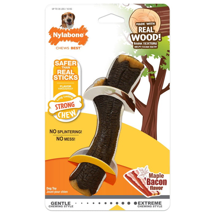 Juguete masticable para perros Nylabone Strong Chew con forma de palo de madera auténtica, con forma de arce, tocino y lobo