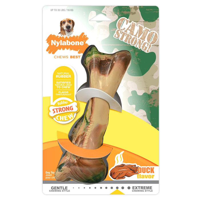 Hueso de goma masticable fuerte Nylabone con sabor a pato y camuflaje, con sabor a lobo