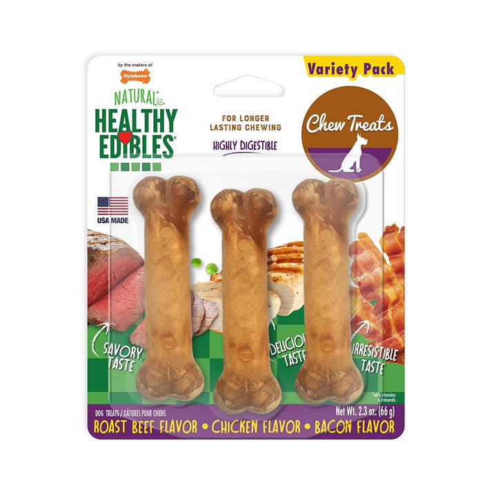 Nylabone Healthy Edibles Bocadillos de carne de res asada, pollo y tocino de mayor duración, tamaño pequeño, 3 unidades