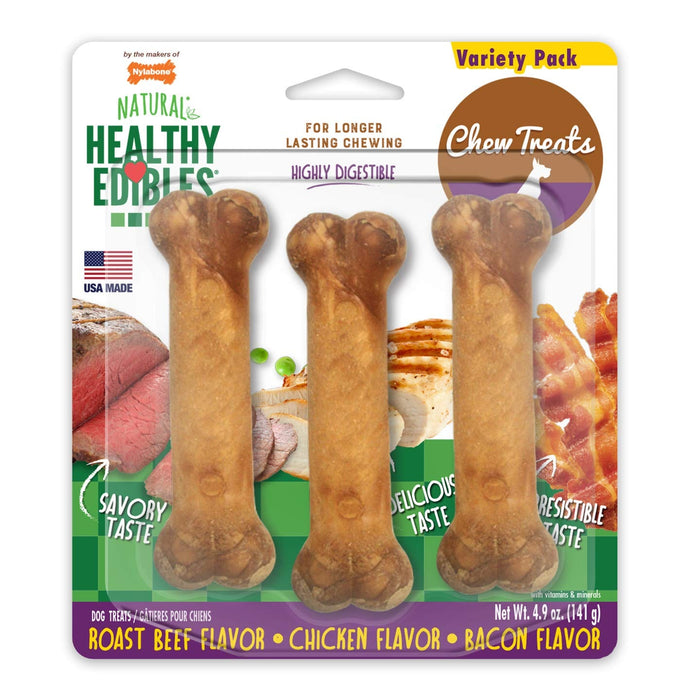 Nylabone Healthy Edibles Bocadillos de carne de res asada, pollo y tocino de mayor duración, paquete regular de 3