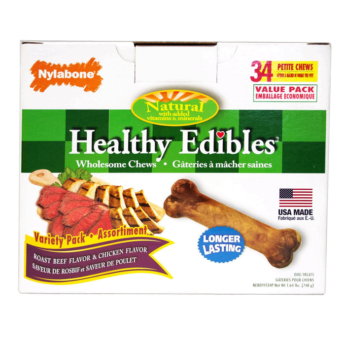 Nylabone Healthy Edibles - Bocadillos de pollo y rosbif de larga duración, tamaño pequeño, 34 unidades