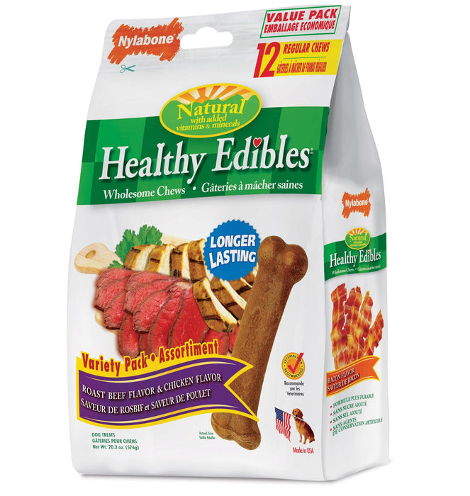 Nylabone Healthy Edibles Golosinas de pollo y rosbif de mayor duración, 12 unidades