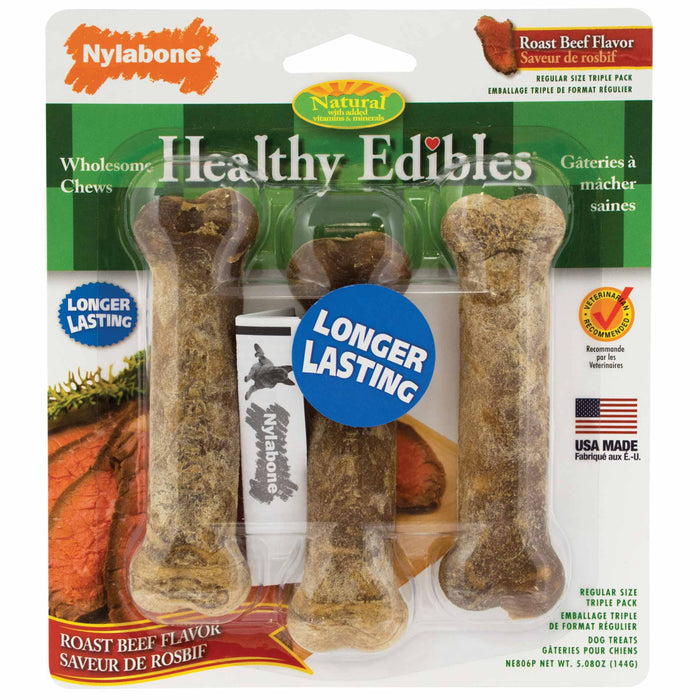 Nylabone Healthy Edibles Golosinas de carne de res de larga duración, paquete regular de 3