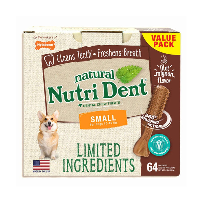 Masticables dentales Nylabone Nutri Dent con ingredientes limitados Filet Mignon pequeño 64 unidades